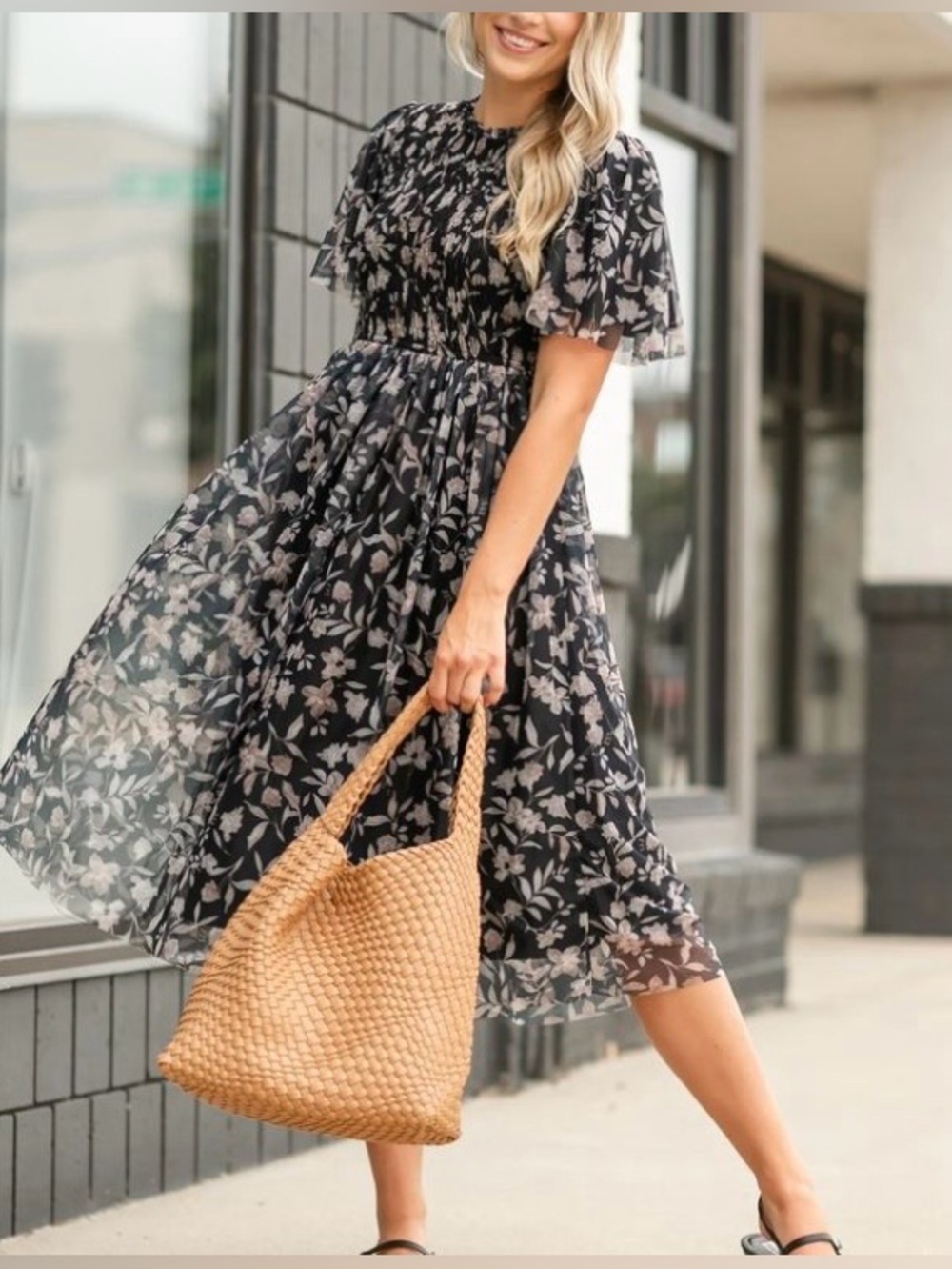 orange creek Black Floral Midi Dress with Smocked Bodice and Flutter Sleeves